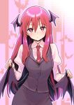  1girl absurdres bat_wings demon_horns formal heart highres horns koakuma long_hair looking_at_viewer necktie red_eyes red_hair silentmonday solo touhou wing_hold wings 