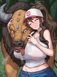  absurd_res big_breasts blush breasts brown_body brown_hair cleavage clothed clothing duo embrace female feral forest generation_1_pokemon hair hat headgear headwear hi_res hilda_(pok&eacute;mon) hug human interspecies male male/female mammal nintendo open_mouth outside plant pokemon pokemon_(species) pokephilia ponytail poper shirt smile tank_top tauros teeth tongue tongue_out topwear tree video_games 