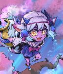  1girl :d bangs blue_skirt bow bowtie branch colored_skin facial_mark fang flower fog hair_flower hair_ornament holding holding_weapon horns league_of_legends long_sleeves mask mask_on_head mask_removed medium_hair miniskirt phantom_ix_row pink_bow pink_bowtie pink_skin pointy_ears ribbon-trimmed_sleeves ribbon_trim shiny shiny_hair skirt smile solo spirit_blossom_tristana teeth tongue tristana upper_teeth weapon yordle 