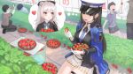  2girls 4boys bangs black_hair blurry blurry_background blush bow bowtie character_request day diesel_(nikke) food fruit furrowed_brow gloves goddess_of_victory:_nikke grey_hair hair_twirling hat heart highres holding holding_food holding_fruit imagining jacket kfr kneeling long_hair long_sleeves miniskirt multiple_boys multiple_girls necktie open_mouth outdoors pants playing_with_own_hair pleated_skirt red_eyes shirt short_sleeves shorts skirt solo_focus standing strawberry t-shirt thigh_strap thought_bubble thumbs_up very_long_hair wavy_mouth yellow_eyes 