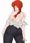  1girl back black_pants chainsaw_man from_behind highres makima_(chainsaw_man) medium_hair pants red_hair shirt simple_background solo toned white_background white_shirt yoracrab 