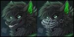  2022 anthro artist_name black_border border breath canid cheek_tuft dated facial_tuft fur glistening glistening_eyes green_eyes green_inner_ear green_inner_ear_fluff grey_body grey_fur grey_hair grin hair headshot_portrait hi_res inner_ear_fluff male mammal multiple_images muzzle_(object) muzzled neck_tuft portrait santanahoffman sharp_teeth short_hair smile solo teeth tuft 