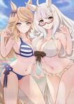  2girls ahoge animal_ears asymmetrical_docking bangs bare_shoulders bikini biwa_hayahide_(umamusume) blonde_hair blue_eyes blue_nails blue_sky breast_press breasts character_request claw_pose commentary cowboy_shot day glasses gold_city_(umamusume) grey_bikini hand_up highres horse_ears large_breasts long_hair looking_at_viewer multiple_girls nail_polish navel outdoors parted_lips red-framed_eyewear red_nails shiratsuki_(1ka6969) side-tie_bikini_bottom sky standing stomach striped striped_bikini swept_bangs swimsuit thighs umamusume very_long_hair white_hair 