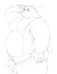  2022 anthro belly big_belly bottomwear bulge clothing genitals hi_res humanoid_hands kemono male mammal momo_92698 monochrome moobs nipples overweight overweight_male pants penis pubes question_mark solo ursid 