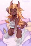  2022 anthro bed breasts brown_hyena camisole clothed clothing coffeechicken eyebrows eyelashes female fingers furniture hi_res hyaenid kneeling mammal on_bed orange_eyes panties sasa_(coffeechicken) solo teeth underwear 