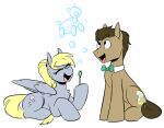  bow_tie bubble cutie_mark derpy_hooves_(mlp) doctor_whooves_(mlp) earth_pony equid equine friendship_is_magic hair hasbro horse mammal my_little_pony pegasus pony ponytail redxbacon simple_background sitting white_background wings 