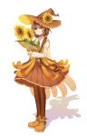  1girl absurdres brown_hair character flower full_body haikumo hat highres original smile sunflower witch witch_hat yellow_eyes 