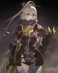  1girl armor asymmetrical_clothes bangs black_armor bodysuit breastplate breasts fate/grand_order fate_(series) gauntlets grey_bodysuit grey_eyes hair_between_eyes hair_ornament hairpin headwear_removed high_collar highres huyan_zhuo_(fate) large_breasts long_hair looking_at_viewer pauldrons shoulder_armor single_pantsleg solo thighhighs thighs toridamono very_long_hair white_hair 