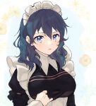  1girl alternate_costume apron bangs black_dress blue_eyes blue_hair blush breasts byleth_(fire_emblem) byleth_(fire_emblem)_(female) dress fire_emblem fire_emblem:_three_houses flower frilled_apron frills hair_between_eyes long_hair looking_at_viewer maid maid_headdress parted_lips sephikowa simple_background solo upper_body white_apron 