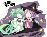  2girls anna_mel arm_warmers bangs black_cape black_headwear black_shirt black_sleeves cape criss-cross_halter crop_top detached_sleeves dress elbow_gloves gem gloves green_eyes green_hair hair_bobbles hair_ornament halterneck hat high_ponytail highres looking_at_viewer magia_record:_mahou_shoujo_madoka_magica_gaiden magical_girl mahou_shoujo_madoka_magica masu_gitsune medium_hair misono_karin multiple_girls parted_bangs parted_hair pink_ribbon ponytail purple_eyes purple_hair ribbon shirt short_hair sleeveless sleeveless_dress smile star_(symbol) two_side_up white_dress white_gloves witch_hat yellow_gemstone 