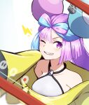  1girl bangs blue_hair blurry blush bright_pupils character_hair_ornament commentary_request grin hair_ornament hand_up highres iono_(pokemon) jacket kooeiatd111020 long_hair looking_at_viewer one_eye_closed pokemon pokemon_(game) pokemon_sv purple_eyes purple_hair sharp_teeth shirt sleeveless sleeveless_shirt smile solo teeth upper_body white_background white_shirt yellow_jacket 