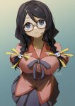  1girl :3 absurdres arms_behind_back bakemonogatari black_hair blue_background blue_ribbon braid glasses gradient gradient_background hanekawa_tsubasa highres long_hair looking_at_viewer monogatari_(series) myuga66666 naoetsu_high_school_uniform purple_eyes ribbon school_uniform signature simple_background smile solo twin_braids twintails yellow_ribbon 