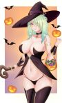  1girl armlet bangs bar bell black_choker black_thighhighs blush breasts candy ceres_fauna choker cleavage collarbone flower food green_hair hair_flower hair_ornament halloween highres hololive hololive_english large_breasts large_hat medium_hair mole mole_under_eye navel neck_bell parted_lips smile solo thighhighs thighs vik_(xypt7474) virtual_youtuber witch yellow_eyes 