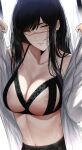  1girl areola_slip black_bra black_hair black_skirt bra breasts chainsaw_man cleavage closed_mouth commentary cupless_bra expressionless highres i-chandraws lace-trimmed_bra lace_trim large_breasts long_hair looking_at_viewer mitaka_asa navel open_clothes open_shirt pleated_skirt ringed_eyes scar scar_on_cheek scar_on_face shirt sidelocks skirt solo stomach sweat underwear upper_body white_shirt yellow_eyes yoru_(chainsaw_man) 