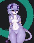  anthro armlet belladonna_(trials_of_mana) bracelet breasts ear_piercing ear_ring featureless_breasts featureless_crotch felid feline female fur fur_pattern green_background hair_on_breasts hi_res jewelry mammal navel necklace orange_eyes piercing pupils purple_body purple_fur purple_sclera ring_piercing shoulder_tuft simple_background slit_pupils solo tail_tuft teeth trials_of_mana tuft white_body white_fur 
