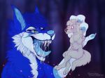  2020 anthro artist_name blue_body blue_eyes blue_fur blue_hair blue_tongue blurred_background bodily_fluids breasts canid canine canis cheek_tuft dated dripping duo eyelashes facial_tuft fangs featureless_breasts female fur glistening glistening_eyes grey_body grey_fur grey_hair hair imminent_vore male mammal markings narrowed_eyes neck_tuft nude open_mouth purple_eyes purple_markings saliva saliva_drip saliva_on_chin santanahoffman short_hair size_difference tongue tuft white_body white_fur wolf 