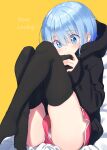  1girl absurdres black_hoodie blue_eyes blue_hair blush crossed_legs highres holding holding_phone hood hoodie original panties pantyshot phone playing_games short_hair short_shorts shorts sitting solo thighhighs thighs underwear uro yellow_background 