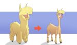  absurd_res alpaca bare_skin before_and_after camelid cloven_hooves female feral fluffy hair hair_over_eyes hi_res hitsuji hooves mammal paprika_paca_(tfh) purple_eyes red_arrow sheared simple_background solo them&#039;s_fightin&#039;_herds 