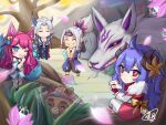  2girls 3boys :d abs ahoge ahri_(league_of_legends) animal animal_ears bangs bare_shoulders bell black_pants bow earrings facial_mark flower fox_ears fox_girl fox_tail fur_trim green_eyes grey_hair grin hair_bell hair_ornament hairband hand_up holding holding_mask horns invisible japanese_clothes jewelry kimono kindred_(league_of_legends) lamb_(league_of_legends) league_of_legends long_hair looking_back mask mask_removed mismatched_horns multiple_boys multiple_girls necklace one_eye_closed open_mouth orange_bow outdoors oversized_animal pants pink_flower pink_hair ponytail purple_hair purple_hairband red_eyes sharp_teeth shiny shiny_hair signature sitting smile spirit_blossom_ahri spirit_blossom_kindred spirit_blossom_teemo spirit_blossom_yasuo spirit_blossom_yone sylvia_rintsuki tail teemo teeth whisker_markings wolf_(league_of_legends) yasuo_(league_of_legends) yone_(league_of_legends) 