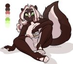  2016 anthro areola black_body black_fur breasts chromatophore cyn_tilla female fingerless_(marking) fluffy fluffy_tail fur genitals green_eyes hair mammal mephitid nude pink_nose pussy scotch_whiskey simple_background skunk solo white_background white_hair 