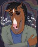  abstract_background anthro black_hair blue_clothing blue_topwear bojack_horseman bojack_horseman_(character) brown_body brown_fur bust_portrait clothed clothing english_text equid equine fur green_clothing green_jacket green_topwear hair hi_res horse jacket looking_at_viewer male mammal narrowed_eyes netflix portrait santanahoffman solo text topwear unsigned white_body white_fur 