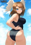  1girl absurdres artist_name ass bare_arms bare_shoulders black_one-piece_swimsuit blue_eyes breasts brown_hair closed_mouth cloud cowboy_shot english_commentary eunie_(xenoblade) forehead hammerofsolace hand_on_hip head_wings highres large_breasts legs_apart long_hair looking_at_viewer looking_back one-piece_swimsuit outdoors sideboob sky smile solo swimsuit thighs toned v-shaped_eyebrows xenoblade_chronicles_(series) xenoblade_chronicles_3 