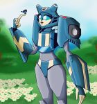  1girl alien big_eyes blue_eyes blue_panties bug butterfly butterfly_on_hand crisper_arts glyph_(transformers) humanoid_robot panties robot solo thick_thighs thighs transformers transformers_animated underwear 