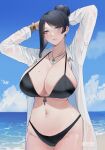  1girl absurdres arm_up bare_shoulders beach bijin_onna_joushi_takizawa-san bikini black_bikini black_hair blue_eyes blue_sky blush bracelet breasts cleavage collared_shirt cowboy_shot dress_shirt earrings hair_bun highres jewelry large_breasts looking_at_viewer mature_female milephunter navel necklace open_clothes open_shirt outdoors shirt shore single_hair_bun sky sweat swimsuit takizawa_kyouko updo water white_shirt 