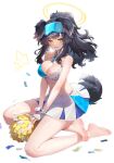  1girl absurdres animal_ears bare_arms bare_legs bare_shoulders barefoot black_hair blue_archive blue_eyes cheerleader crop_top dog_ears dog_girl dog_tail eyewear_on_head feet goggles goggles_on_head hibiki_(blue_archive) hibiki_(cheerleader)_(blue_archive) highres holding holding_pom_poms looking_at_viewer manic_shd no_shoes official_alternate_costume pom_pom_(cheerleading) purple_eyes soles sticker_on_arm sticker_on_face tail twintails 