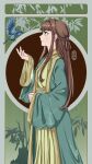  1girl bird blue_bird blue_eyes blush brown_hair hand_up highres lanxi_zhen leaf li_qingning_(the_legend_of_luoxiaohei) long_hair long_sleeves lzgthcc plant profile smile solo the_legend_of_luo_xiaohei upper_body wide_sleeves 