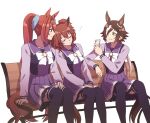  animal_ears aston_machan_(umamusume) bench bow bowtie brown_eyes brown_hair cellphone commentary daiwa_scarlet_(umamusume) hair_intakes hair_over_one_eye highres holding holding_phone horse_ears horse_girl horse_tail horseshoe_ornament hoyon long_hair long_sleeves looking_at_another multicolored_hair phone pleated_skirt purple_serafuku purple_shirt purple_skirt purple_thighhighs red_eyes sailor_collar sailor_shirt school_uniform serafuku shirt side_ponytail simple_background sitting skirt sleeping smartphone symbol-only_commentary tail thighhighs tiara tracen_school_uniform twintails two-tone_hair umamusume vodka_(umamusume) white_background white_bow white_bowtie white_hair 