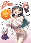  3girls amagami-san_chi_no_enmusubi amagami_asahi animal_hands bat_(animal) black_hair blue_eyes blue_hair blush breasts brown_eyes brown_hair cat_paws chibi demon_horns fang hair_ornament halloween_costume highres horns jack-o&#039;-lantern large_breasts long_hair multiple_girls mummy_costume one_eye_closed open_mouth ryopa star-shaped_pupils star_(symbol) symbol-shaped_pupils 