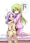  2girls alina_gray aqua_eyes bangs bed blunt_ends blush delraich66 green_hair hair_between_eyes highres hospital_bed hospital_gown hug long_hair long_sleeves looking_at_viewer magia_record:_mahou_shoujo_madoka_magica_gaiden mahou_shoujo_madoka_magica medium_hair misono_karin multicolored_hair multiple_girls open_mouth parted_bangs parted_hair purple_eyes purple_hair sidelocks simple_background sitting straight_hair streaked_hair translated two_side_up very_long_hair 