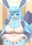  &lt;3 2022 anthro anthrofied apron apron_only big_breasts blue_body blue_eyes blue_fur blurred_background blush bodily_fluids breasts canid cleavage clothed clothing cute_fangs digit_ring digital_media_(artwork) eeveelution female female_anthro fur generation_4_pokemon glaceon happy hi_res horokusa0519 huge_breasts jewelry kemono looking_at_viewer mammal mostly_nude nintendo open_mouth open_smile pokemon pokemon_(species) pokemorph portrait ring smile solo sweat sweatdrop thick_thighs three-quarter_portrait tongue video_games wedding_ring wide_hips 