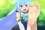  1girl absurdres aqua_(konosuba) aqua_bow barefoot blue_dress blue_hair blurry blurry_background blush bow breasts collar collared_dress crying crying_with_eyes_open detached_sleeves dress feet foot_focus foot_up foreshortening frilled_collar frills hair_between_eyes highres kono_subarashii_sekai_ni_shukufuku_wo! lens_flare long_hair medium_breasts open_mouth outdoors shiny shiny_hair sidelocks sleeveless sleeveless_dress soles solo tears toes white_collar white_sleeves zorzero 