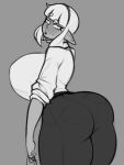  absurd_res big_breasts big_butt breasts butt elf female frowntown grey_background hi_res huge_breasts huge_butt humanoid humanoid_pointy_ears monochrome not_furry simple_background solo 