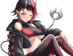  1girl bangs black_hair black_jacket black_pants black_sports_bra blue_eyes blush breasts closed_mouth commentary_request cropped_jacket cross-laced_pants demon_girl demon_horns demon_tail ear_chain ear_piercing earrings feet_out_of_frame ff-aerith-lightning-tifa1021 highres horns jacket jewelry looking_at_viewer medium_breasts multicolored_hair off_shoulder one_eye_closed pants piercing pointy_ears red_hair red_pants red_sports_bra ryugasaki_rene short_hair simple_background smile solo sports_bra sugar_lyric tail tongue tongue_out two-tone_hair underboob virtual_youtuber white_background zipper 