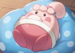  closed_mouth commentary_request cushion happiny happy indoors lying naoki_eguchi no_humans on_back pokemon pokemon_(creature) smile solo wooden_floor 