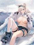  1girl animal_ears arknights aurora_(arknights) bangs black_gloves black_hairband blue_eyes blue_shorts blush boots breasts breasts_out cleavage closed_mouth commentary foot_out_of_frame gloves hair_ornament hairband highres infection_monitor_(arknights) knee_up large_breasts long_hair long_sleeves mountain navel nipples no_shirt outdoors ru_zhai short_shorts shorts shrug_(clothing) single_thighhigh sitting skindentation solo stomach thigh_strap thighhighs thighs white_hair white_thighhighs 