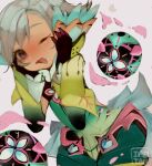  1boy :d ahoge artist_name bangs black_gloves dadeltan floren_(xenoblade) gloves green_hair green_leotard green_sleeves grey_background hands_on_own_cheeks hands_on_own_face leotard looking_at_viewer one_eye_closed open_mouth otoko_no_ko pink_eyes short_hair simple_background smile solo xenoblade_chronicles_(series) xenoblade_chronicles_2 