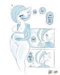  2019 4:5 blush breasts dialogue duo english_text female gallade gardevoir generation_3_pokemon generation_4_pokemon genitals hair hair_over_eye hi_res humanoid male medium_breasts nintendo nipples not_furry one_eye_obstructed pokemon pokemon_(species) pregnant pregnant_female pussy saltyxodium speech_bubble text video_games water_bottle 