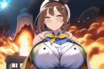  1girl ai-generated atelier_(series) atelier_ryza atelier_ryza_1 bare_shoulders breasts brown_eyes brown_hair explosion fire jacket large_breasts prizeprize reisalin_stout short_hair sleeveless sleeveless_jacket solo white_headwear yellow_jacket 
