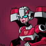  1girl alien arcee autobot blue_eyes breasts humanoid_robot medium_breasts ramses76x red_background red_lips robot simple_background solo transformers transformers_animated 