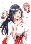  3girls amagami-san_chi_no_enmusubi amagami_asahi black_hair blue_hair blush breasts brown_eyes brown_hair chibi closed_eyes green_eyes hair_ornament japanese_clothes large_breasts long_hair miko multiple_girls open_mouth ryopa 