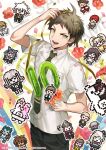  1boy ahoge arm_up balloon bangs black_pants brown_eyes brown_hair collared_shirt cowboy_shot danganronpa_(series) danganronpa_2:_goodbye_despair everyone flower green_necktie grey_background hanamura_teruteru highres hinata_hajime holding holding_balloon holding_flower koizumi_mahiru komaeda_nagito kuzuryuu_fuyuhiko mioda_ibuki monokuma monomi_(danganronpa) nanami_chiaki necktie nidai_nekomaru nitaka_(fujikichi) open_mouth owari_akane pants pekoyama_peko petals red_flower saionji_hiyoko shiny shiny_hair shirt short_hair short_sleeves solo sonia_nevermind souda_kazuichi sticker tanaka_gandamu togami_byakuya_(danganronpa_2) tongue tsumiki_mikan white_shirt 