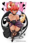  1girl :/ alternate_breast_size annoyed arm_behind_back armlet bangs bare_shoulders bayeuxman black_collar blue_eyes bowsette breasts brooch chain chain_chomp cleavage closed_mouth collar covered_nipples dark-skinned_female dark_skin earrings fang fang_out full_body half-closed_eyes hand_on_hip heart high_ponytail highres horns huge_breasts jewelry leotard long_hair looking_at_viewer mario_(series) new_super_mario_bros._u_deluxe paid_reward_available pointy_ears red_hair shiny shiny_skin skirt solo_focus spiked_armlet spiked_collar spiked_shell spiked_tail spikes strapless strapless_leotard super_crown tail thighhighs torn_clothes torn_thighhighs turtle_shell v-shaped_eyebrows walking 