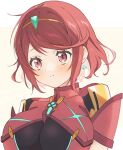  1girl :t bangs blush breasts chest_jewel cleavage closed_mouth earrings headpiece highres jewelry large_breasts pout pyra_(xenoblade) red_eyes red_hair sephikowa short_hair simple_background solo swept_bangs tiara upper_body xenoblade_chronicles_(series) xenoblade_chronicles_2 