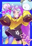  1girl aqua_hair black_shorts blue_border border character_hair_ornament commentary_request grin hair_ornament hands_up highres iono_(pokemon) jacket knees long_hair one_eye_closed pkpokopoko3 pokemon pokemon_(game) pokemon_sv purple_eyes purple_hair sharp_teeth shorts single_leg_pantyhose sleeves_past_fingers sleeves_past_wrists smile solo star_(symbol) teeth thigh_strap twintails yellow_jacket 