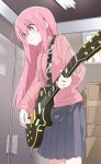  1girl blue_eyes blush bocchi_the_rock! closed_mouth commentary_request electric_guitar gotou_hitori grey_skirt guitar hair_ornament holding holding_instrument instrument ixy jacket long_hair long_sleeves music pink_hair pink_jacket playing_instrument skirt solo tagme track_jacket 