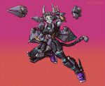  1girl artist_name blue_eyes character_request commentary english_commentary flying funnels_(gundam) gradient gradient_background hand_on_hip horns indie_virtual_youtuber looking_to_the_side mecha mechanical_tail metal_skin redesign robot smile solo tail v virtual_youtuber wargaz2783 